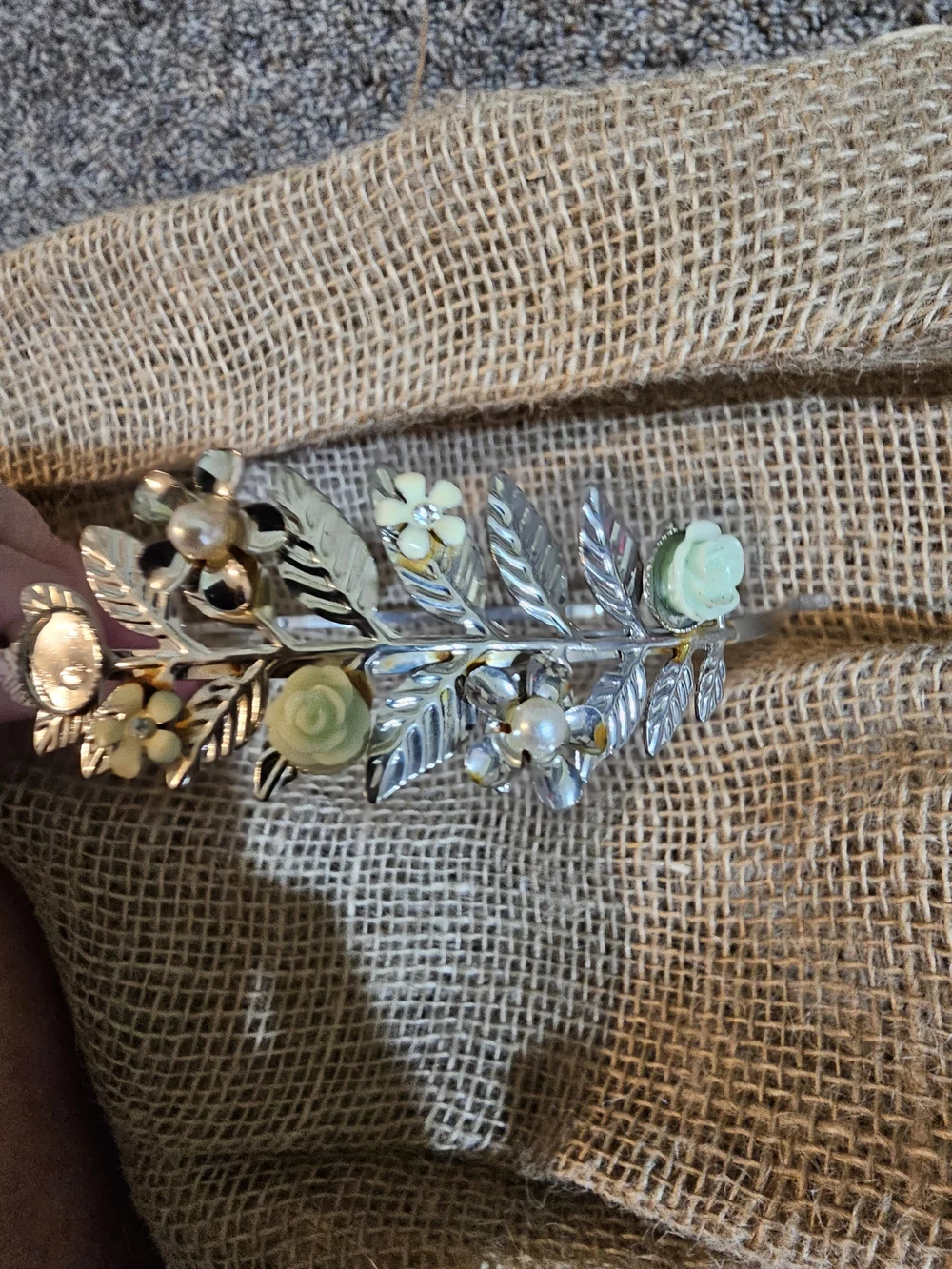 Floral Leaf Crystal Metal  Headband in Gold with Pale Yellow Flowers